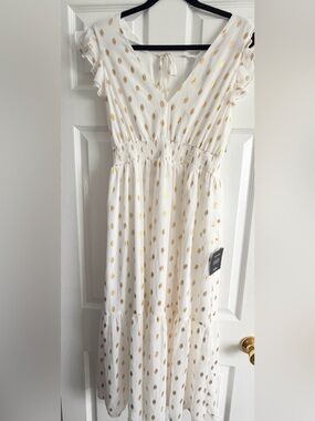 White Maxi Dress with Gold Polka Dots Lulus
